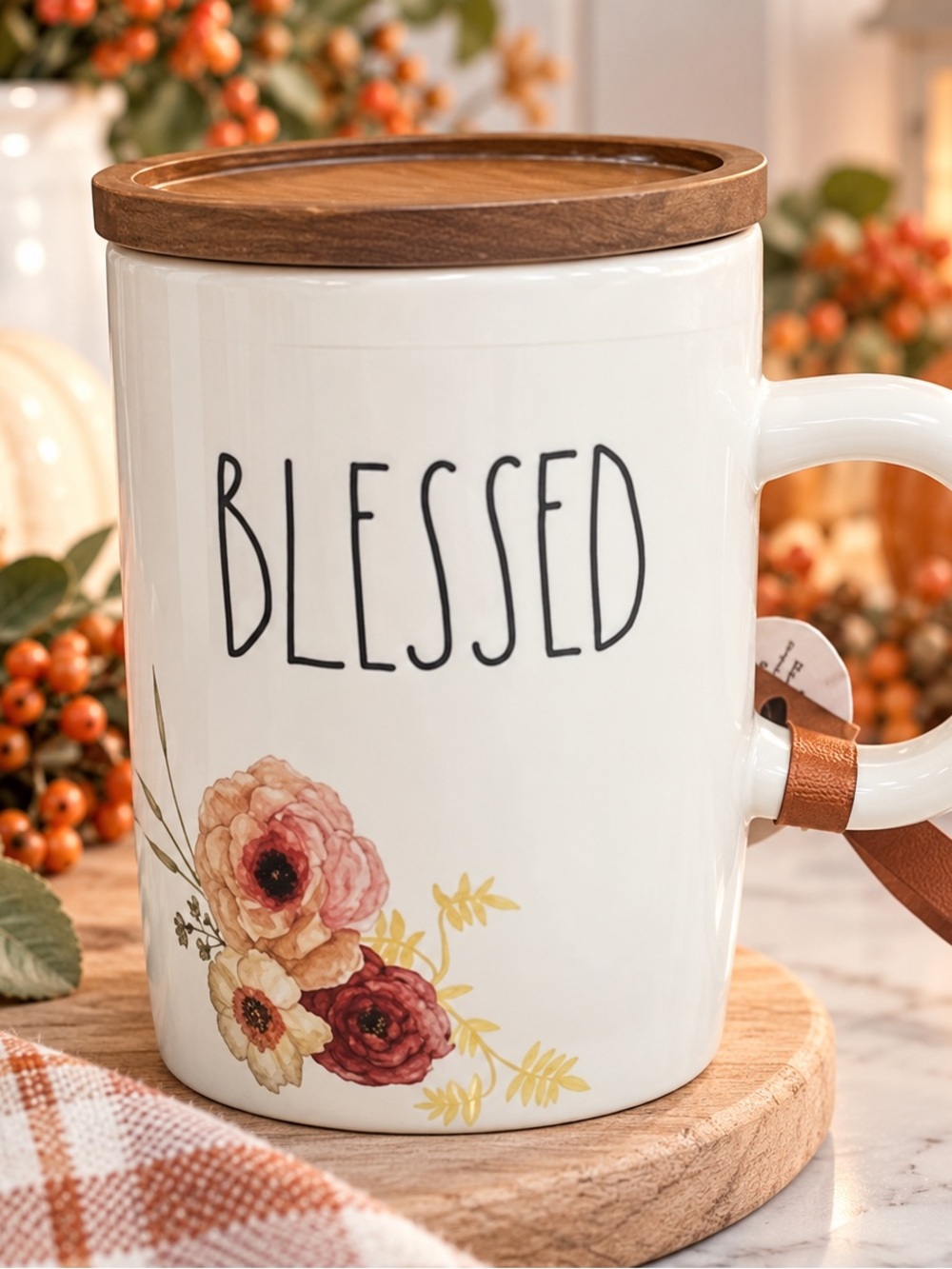NEW Rae Dunn ‘BLESSED’ Mug With Fall Flowers And Bamboo Lid